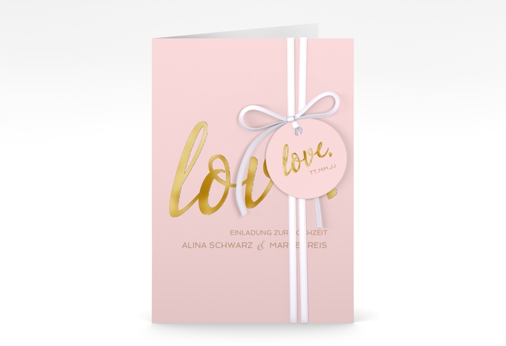 Einladungskarte Hochzeit Glam A6 Klappkarte hoch rosa gold