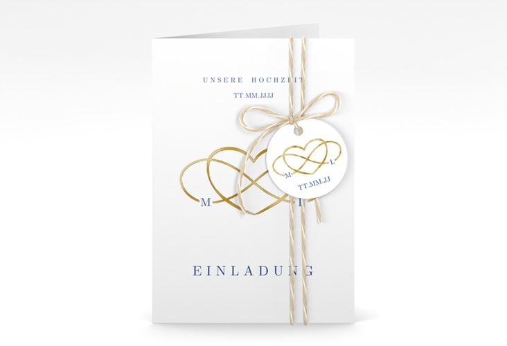 Einladungskarte Hochzeit Infinity A6 Klappkarte hoch blau gold