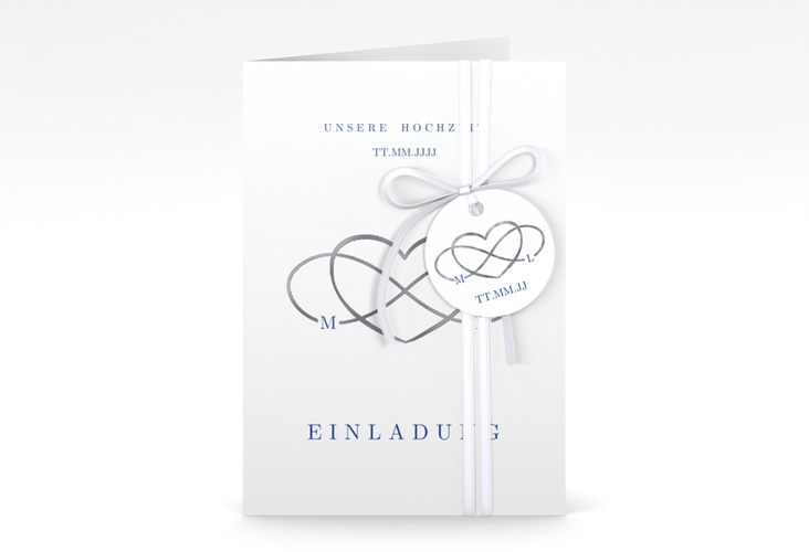 Einladungskarte Hochzeit Infinity A6 Klappkarte hoch blau silber