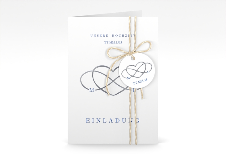 Einladungskarte Hochzeit Infinity A6 Klappkarte hoch blau silber