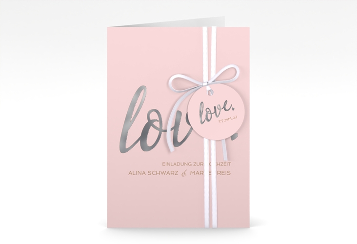 Einladungskarte Hochzeit Glam A6 Klappkarte hoch rosa silber