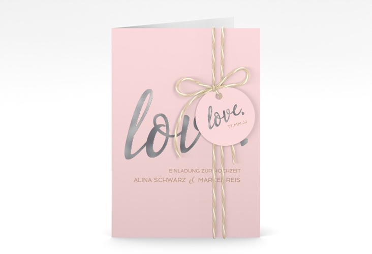 Einladungskarte Hochzeit Glam A6 Klappkarte hoch rosa silber