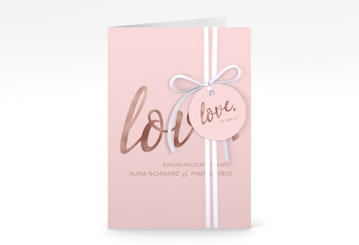 Einladungskarte Hochzeit Glam A6 Klappkarte hoch rosa rosegold