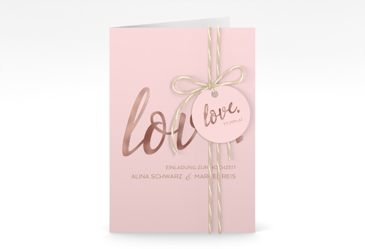 Einladungskarte Hochzeit Glam A6 Klappkarte hoch rosa rosegold