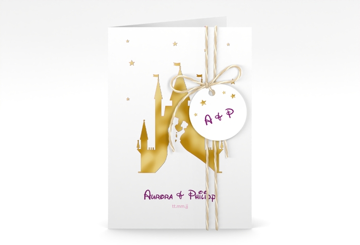 Einladungskarte Hochzeit Castle A6 Klappkarte hoch pink gold