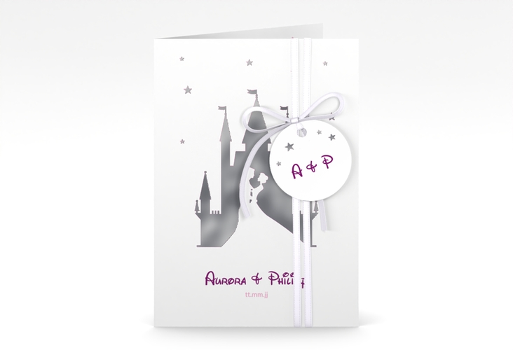 Einladungskarte Hochzeit Castle A6 Klappkarte hoch pink silber