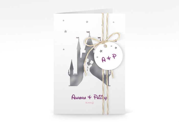 Einladungskarte Hochzeit Castle A6 Klappkarte hoch pink silber