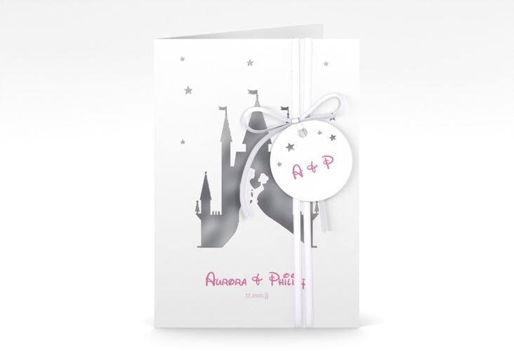 Einladungskarte Hochzeit Castle A6 Klappkarte hoch rosa silber