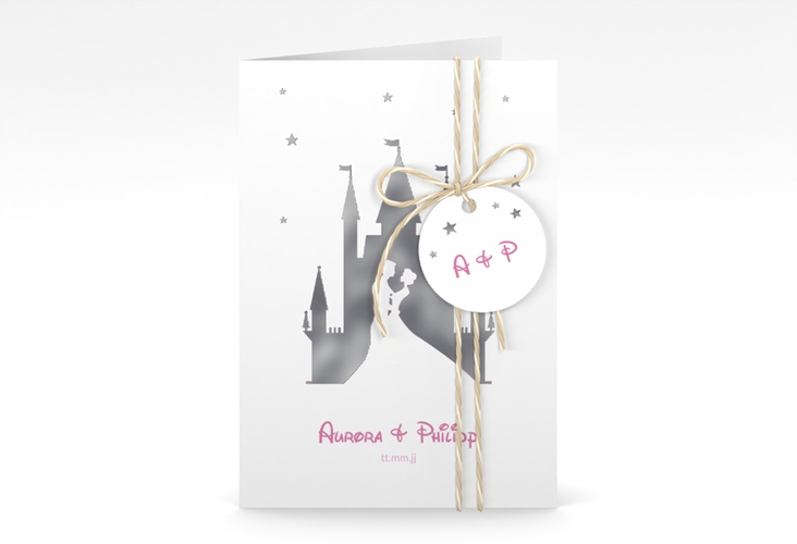 Einladungskarte Hochzeit Castle A6 Klappkarte hoch rosa silber
