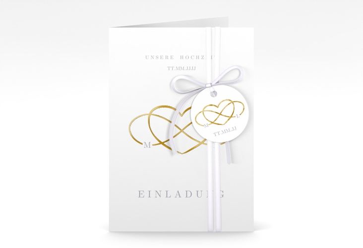 Einladungskarte Hochzeit Infinity A6 Klappkarte hoch grau gold