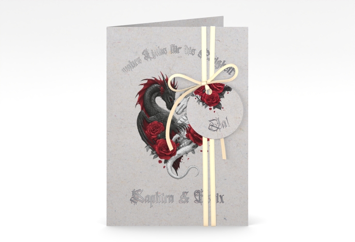 Einladungskarte Hochzeit Drachenliebe A6 Klappkarte hoch grau silber mit schwarzem und weißem Drachen zu einem Herz verschlungen