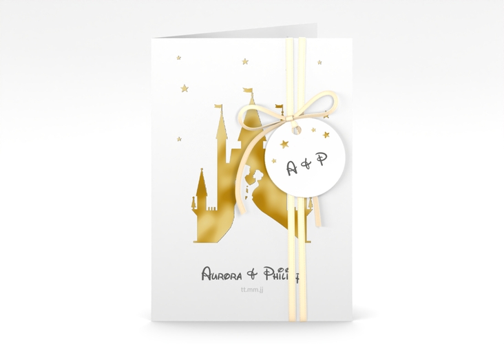 Einladungskarte Hochzeit Castle A6 Klappkarte hoch grau gold