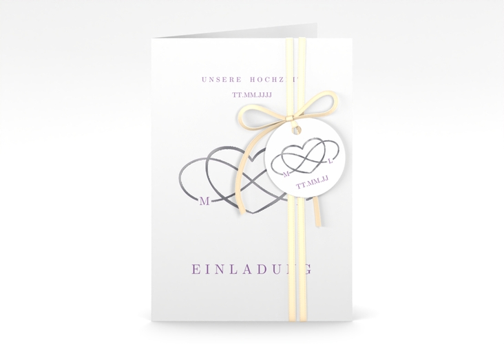 Einladungskarte Hochzeit Infinity A6 Klappkarte hoch lila silber