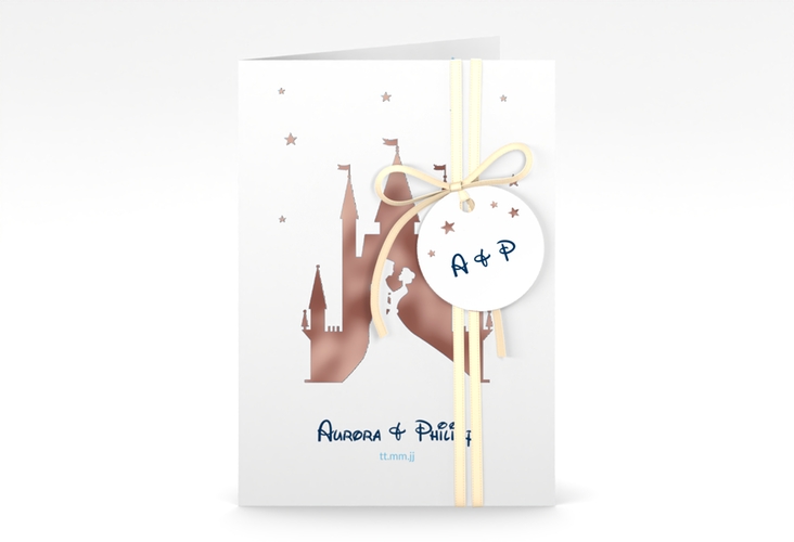 Einladungskarte Hochzeit Castle A6 Klappkarte hoch blau rosegold