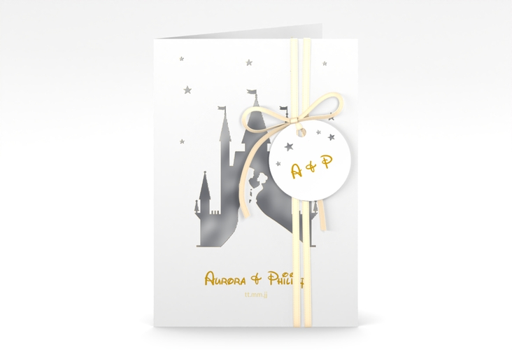 Einladungskarte Hochzeit Castle A6 Klappkarte hoch gold silber