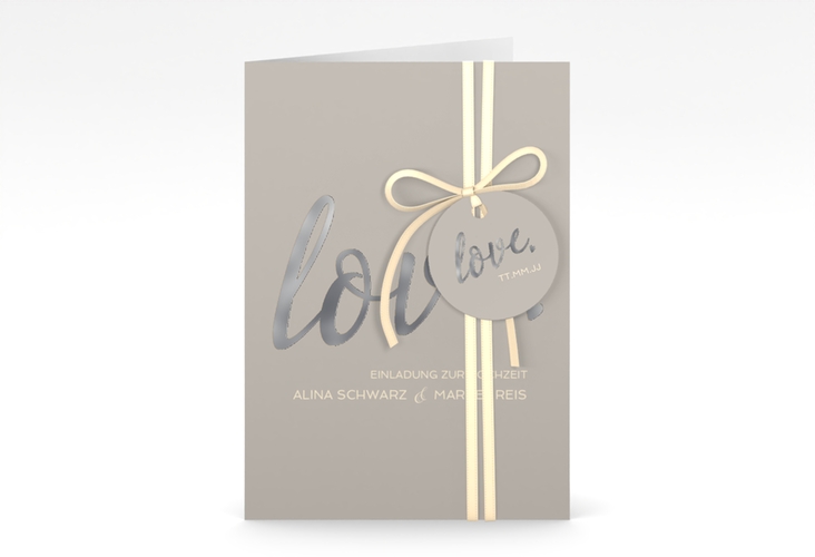 Einladungskarte Hochzeit Glam A6 Klappkarte hoch grau silber