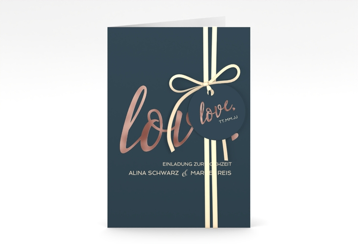 Einladungskarte Hochzeit Glam A6 Klappkarte hoch blau rosegold