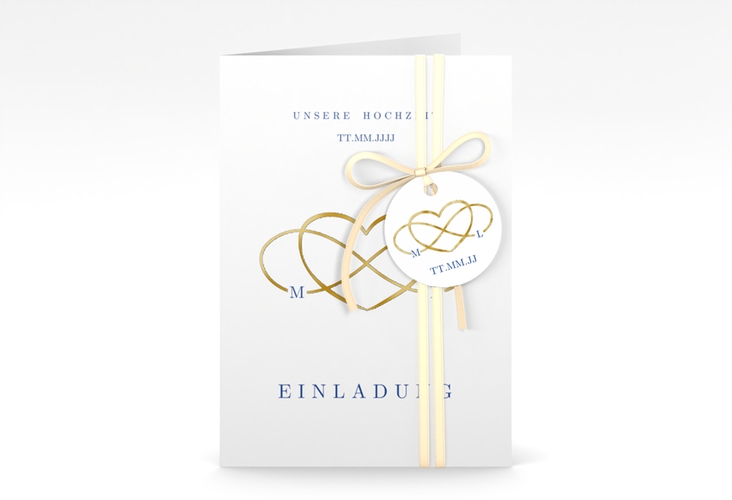 Einladungskarte Hochzeit Infinity A6 Klappkarte hoch blau gold