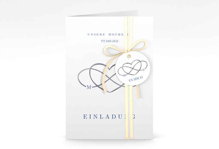 Einladungskarte Hochzeit Infinity A6 Klappkarte hoch blau silber