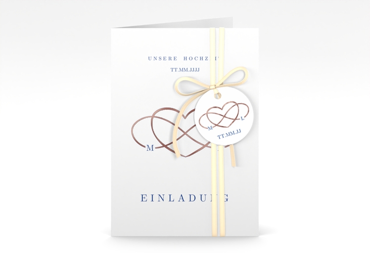 Einladungskarte Hochzeit Infinity A6 Klappkarte hoch blau rosegold