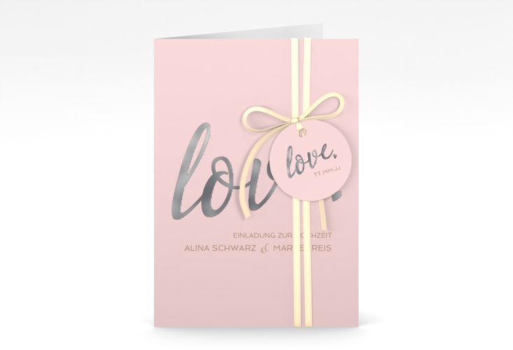 Einladungskarte Hochzeit Glam A6 Klappkarte hoch rosa silber
