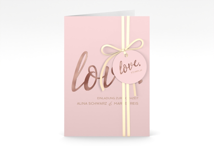 Einladungskarte Hochzeit Glam A6 Klappkarte hoch rosa rosegold