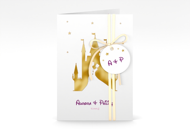 Einladungskarte Hochzeit Castle A6 Klappkarte hoch pink gold