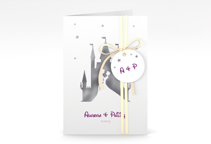 Einladungskarte Hochzeit Castle A6 Klappkarte hoch pink silber