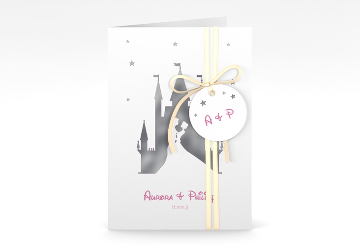 Einladungskarte Hochzeit Castle A6 Klappkarte hoch rosa silber