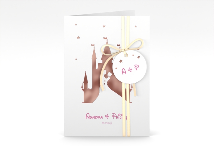 Einladungskarte Hochzeit Castle A6 Klappkarte hoch rosa rosegold