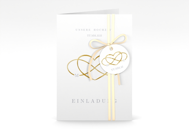 Einladungskarte Hochzeit Infinity A6 Klappkarte hoch grau gold