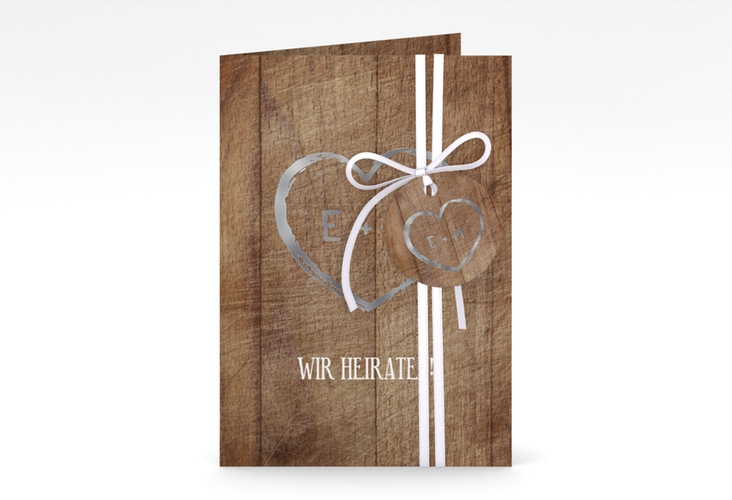 Einladungskarte Hochzeit Wood A6 Klappkarte hoch braun silber