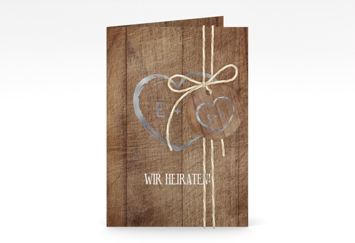 Einladungskarte Hochzeit Wood A6 Klappkarte hoch braun silber