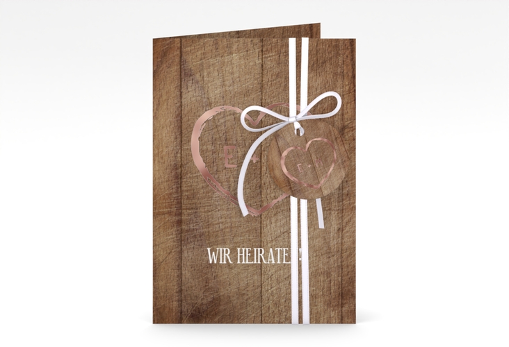 Einladungskarte Hochzeit Wood A6 Klappkarte hoch braun rosegold