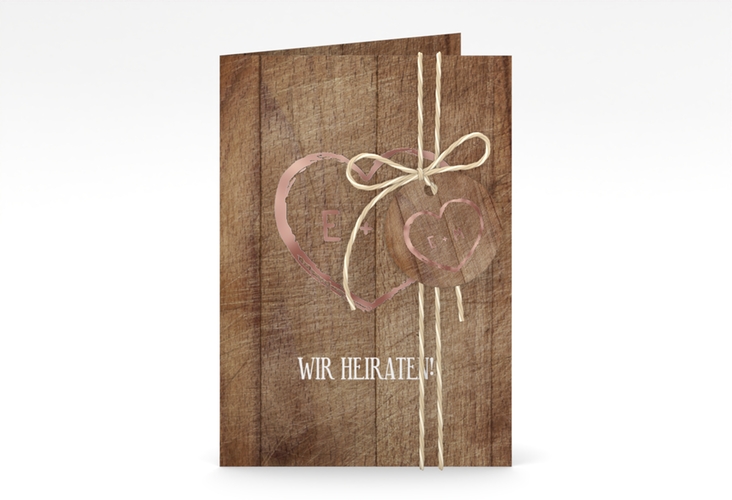 Einladungskarte Hochzeit Wood A6 Klappkarte hoch braun rosegold