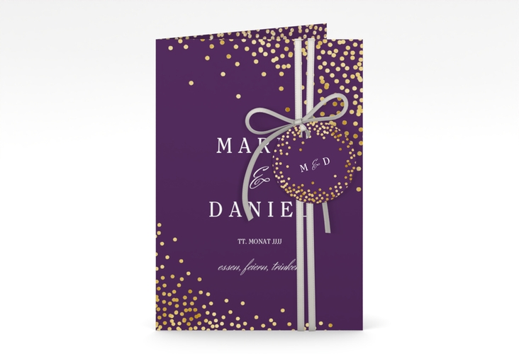 Einladungskarte Hochzeit Glitter A6 Klappkarte hoch lila gold