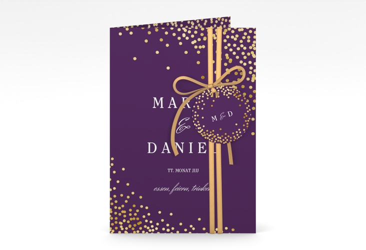 Einladungskarte Hochzeit Glitter A6 Klappkarte hoch lila gold
