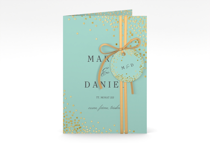 Einladungskarte Hochzeit Glitter A6 Klappkarte hoch mint gold