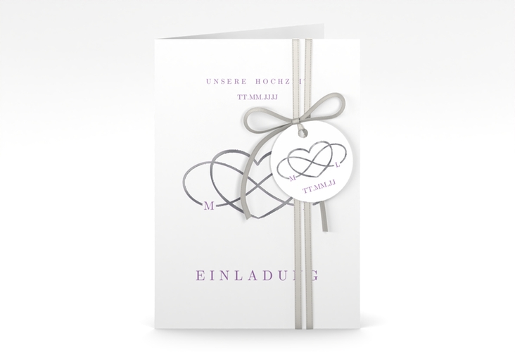 Einladungskarte Hochzeit Infinity A6 Klappkarte hoch lila silber