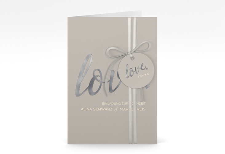 Einladungskarte Hochzeit Glam A6 Klappkarte hoch grau silber