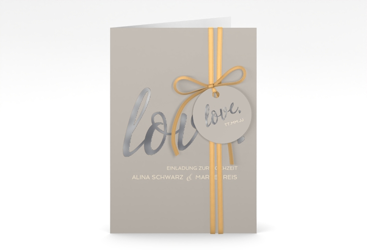 Einladungskarte Hochzeit Glam A6 Klappkarte hoch grau silber