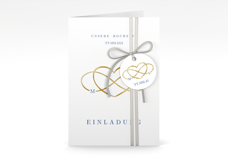 Einladungskarte Hochzeit Infinity A6 Klappkarte hoch blau gold