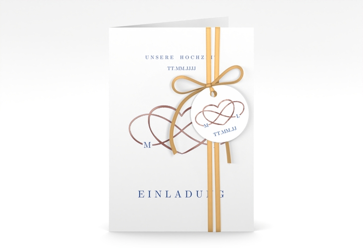 Einladungskarte Hochzeit Infinity A6 Klappkarte hoch blau rosegold