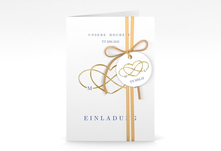 Einladungskarte Hochzeit Infinity A6 Klappkarte hoch blau gold