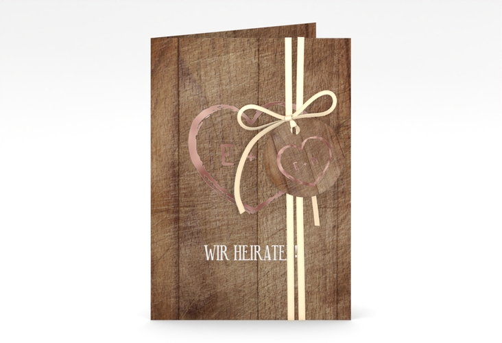 Einladungskarte Hochzeit Wood A6 Klappkarte hoch braun rosegold