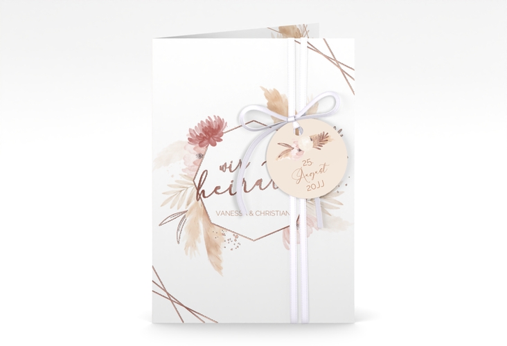 Einladungskarte Hochzeit Bohostyle A6 Klappkarte hoch beige rosegold mit Pampasgras in Aquarell