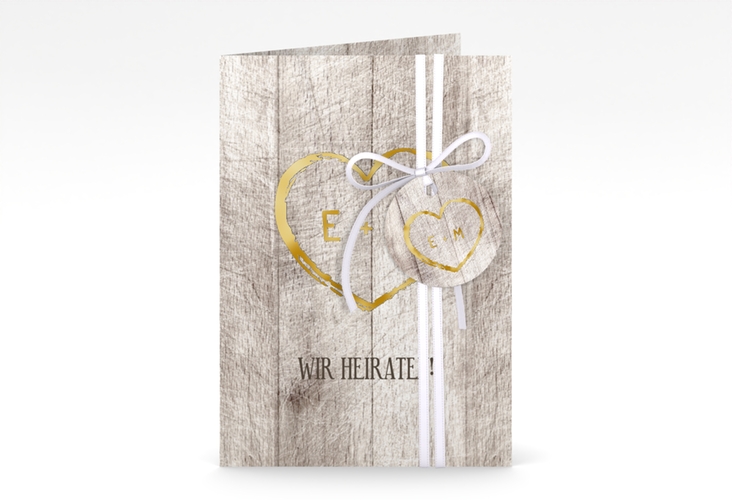 Einladungskarte Hochzeit Wood A6 Klappkarte hoch weiss gold