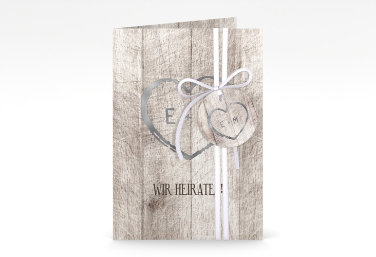 Einladungskarte Hochzeit Wood A6 Klappkarte hoch weiss silber