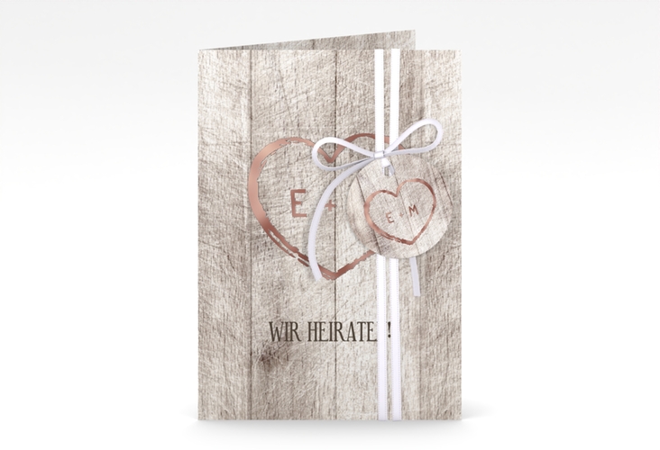 Einladungskarte Hochzeit Wood A6 Klappkarte hoch weiss rosegold