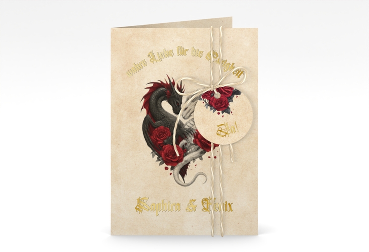 Einladungskarte Hochzeit Drachenliebe A6 Klappkarte hoch beige gold mit schwarzem und weißem Drachen zu einem Herz verschlungen